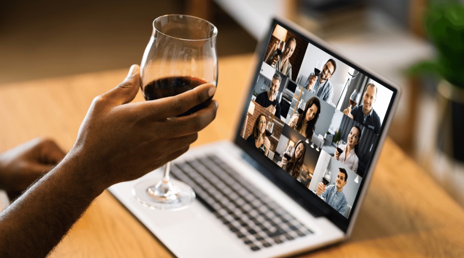 join our community. women on line with glass of red wine.
