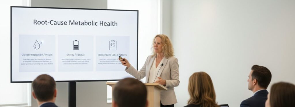 Naturopathic Doctor dr. brown speaking in front of organization. Zoom wellness classes