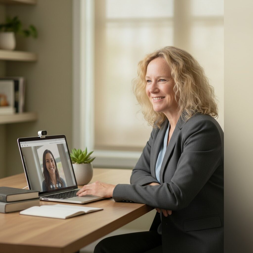 work with dr. Keri. Keri at table with zoom client. with NET mind Body holistic health coach
