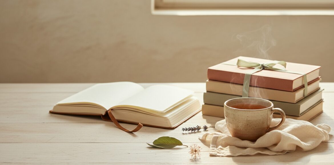 whole body medicine table with a cup of tea and books on it